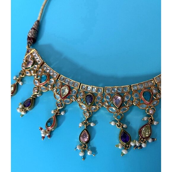 Gold tone Kundan style Indian Necklace With Multicolor faux Gemstones & Pearls T - Picture 2 of 9
